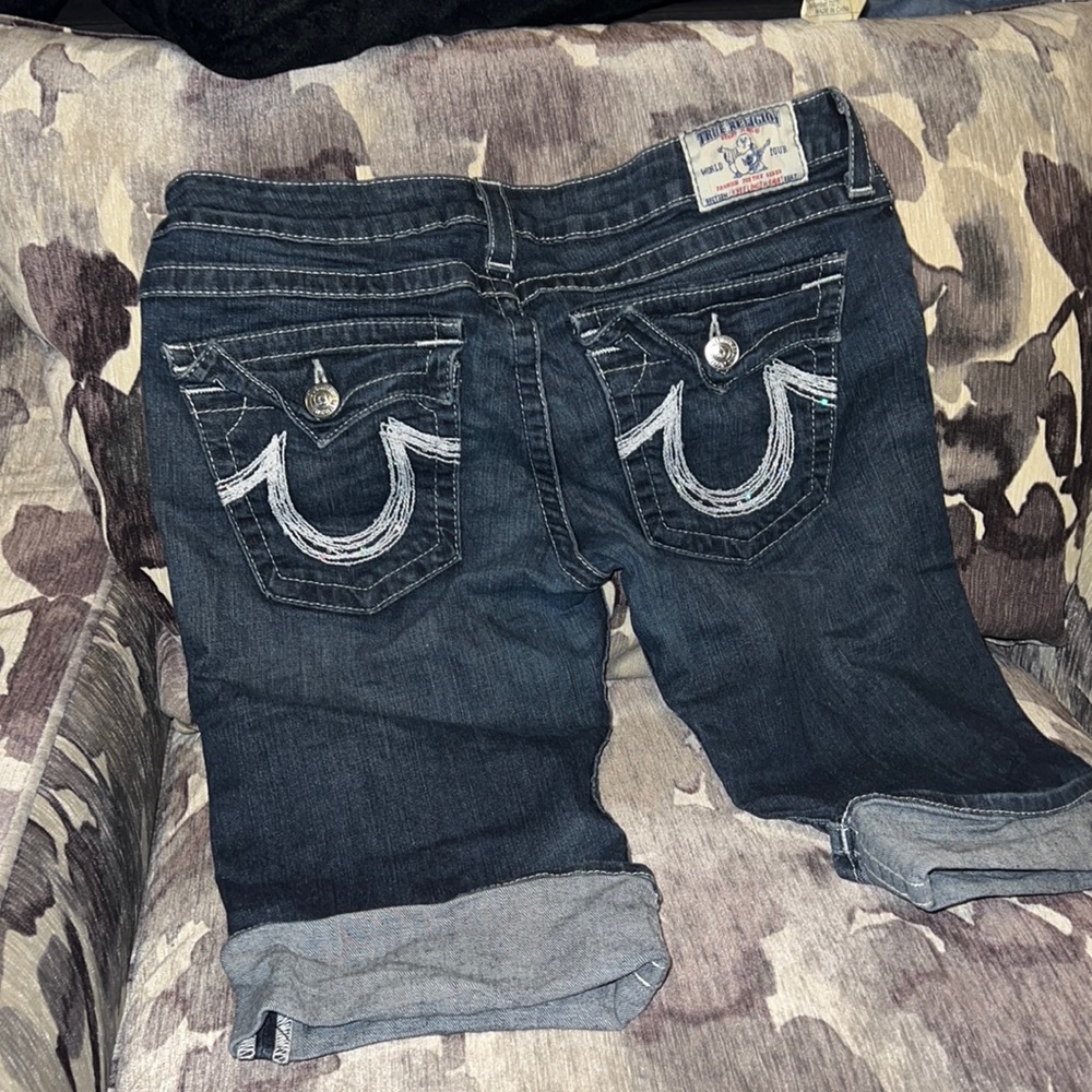 True religion womens knee length dark denim shorts with wide cuffs